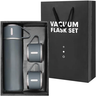 Image of BELLE VOUS Grey Stainless Steel Flask Bottle with Cup Lid &amp; 2 Cups 500ml/17oz Double Walled Vacuum Insulated Travel Mug Reusable Metal BPA Free/Leakproof Water for Hot and Cold Drinks