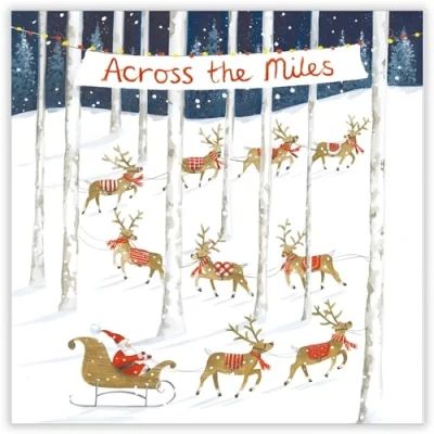 Image of Across the Miles Christmas Card Santa and Reindeer Snowy Forest Scene Artistic Festive Design Made in UK Eco Friendly