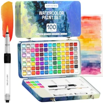Image of ARTISTRO Watercolor Paint Set, 100 Vivid Colors in Portable Box, Including Metallic, Fluorescent, Pastel Colors. Perfect Travel Set for Artsits, Amateur, Hobbyists and Painting Lovers