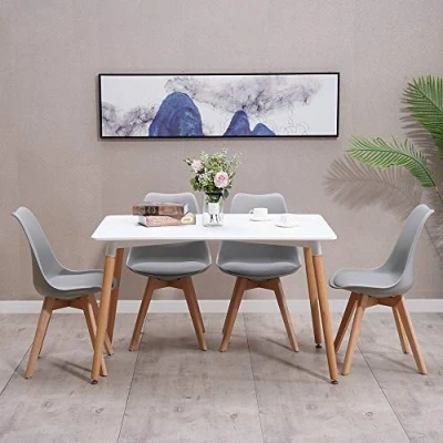 Image of HomJoy Dining Table and 4 Chairs Set, Modern Design PU Seat Lounge Chair Rectangular Kitchen with Solid Wood Legs (Grey * + 120cm Table)