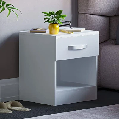 Image of Vida Designs High Gloss Bedside Tables, Nightstand Side Table (White, 1 Drawer)