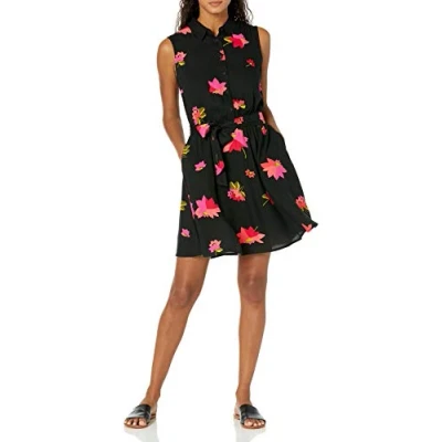 Image of Amazon Essentials Women&#039;s Sleeveless Woven Shirt Dress, Black Pink Flowers, M