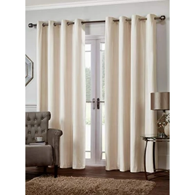 Image of 90&quot; x 72&quot; (228cm 183cm) Luxury Natural Cream Plain Matte Velvet Plush Soft Touch Ring Top Eyelet Pair Curtains Lined Heavy Fabric By SW Living