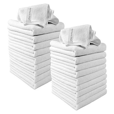 Image of Clay Roberts Microfibre Cleaning Cloths, 40cm x 30cm Pack of 20, White Machine Washable, Polishing, Waxing &amp; Dusting Cloth, Lint Free, e Kitchen Towel, Car Cleaning, Microfiber cloth