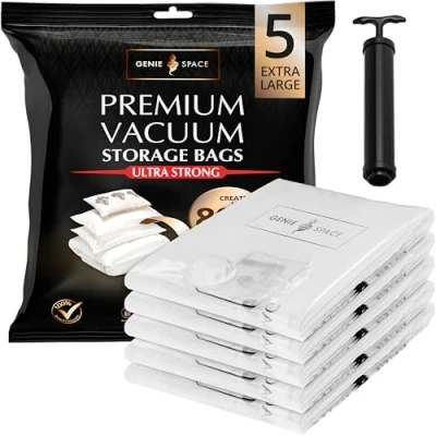 Image of GENIE Space XL Vacuum Storage Bags Pack of 5, Extra Large 100x80cm Strong Jumbo Saving Premium Airtight &amp; Reusable Bag for Clothes, Duvets, Curtains More inc Travel Pump