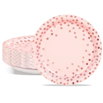Image of AIPartywar Party Paper Plates, 50 Pack Disposable Pink and Rose Gold Foil Polka Dots, 7 Inch Dinner Plates for Graduation Wedding Birthday