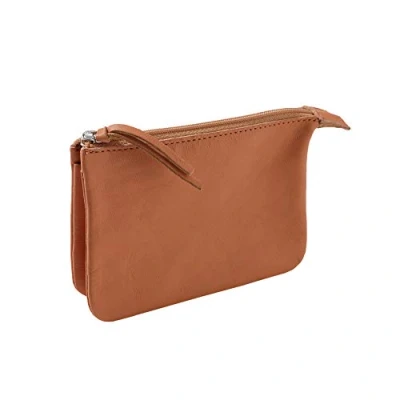 Image of Clairefontaine Ref 410002C Cuir&#039; Small Flat Pencil Case With 2 Compartments 13 x 9cm, Made From Genuine Lambskin Leather, Metal Zip Leather Puller Natural