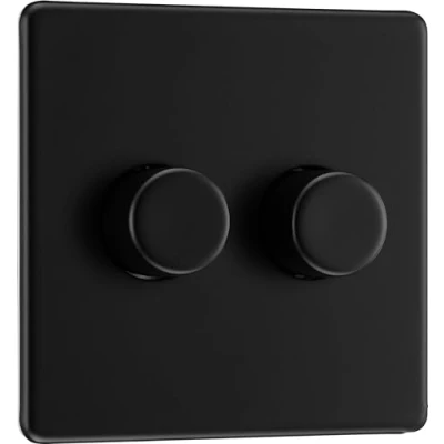 Image of BG Electrical Intelligent Double Wall Dimmer Switch, 2 Way, Screwless Front Plate, Premium Flatplate, Matt Black, 200W, FFB82