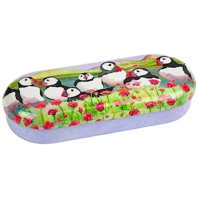 Image of Emma Ball Metal Glasses Case Puffins and Sea Thrift