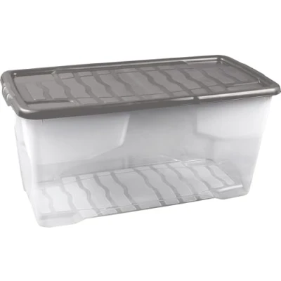 Image of Strata 4 x 80 Litres Curve Plastic Stackable storage box &amp; Lid with clip on lids, Pack, Multi for home and office solution Clear Box, Grey Lid, (37cm H 40cm W 80cm D)