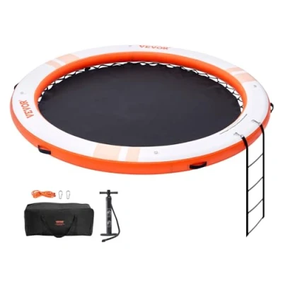 Image of VEVOR Inflatable Floating Dock, ø8FT Dock Platform with ø5FT Trampoline Mesh Pool, Non Slip Water Mat Portable Bag &amp; Detachable Ladder for Pool Beach Relaxation