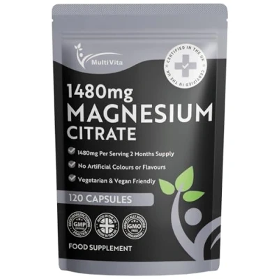 Image of Magnesium Citrate 1,480mg 120 Vegan Capsules 2 Months Supply Providing 440mg Elemental Per Serving not Tablets High Strength Supplement GMO Free
