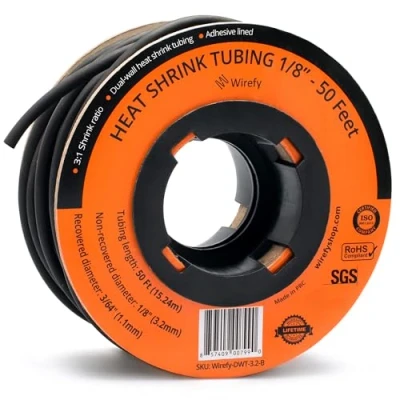 Image of Wirefy 1/8&quot; Heat Shrink Tubing 3:1 Ratio Adhesive Lined Marine Grade Black 50 Feet Roll