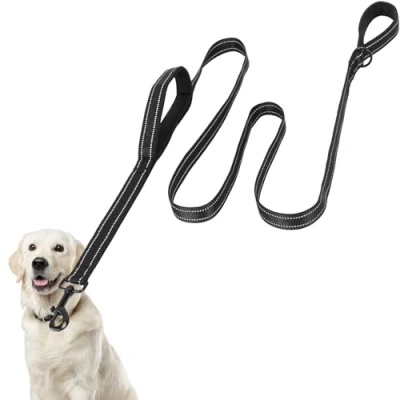 Image of Euqvunn Dog Lead 6.6ft Long with Dual Padded Traffic Handles Two Traction Modes Reflective Stitching Heavy Duty Nylon Rope for Large and Medium Dogs Control Training Leash Black