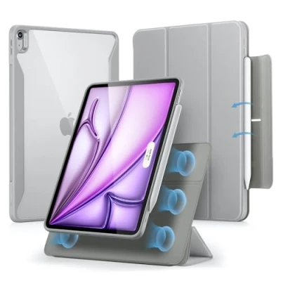 Image of ESR for iPad Air 13 inch Case, (2024) Case with Pencil Holder, Removable Magnetic Cover, Vertical Stand, Fully Supports Apple Pro and (USB C), Rebound 360 Series, Grey