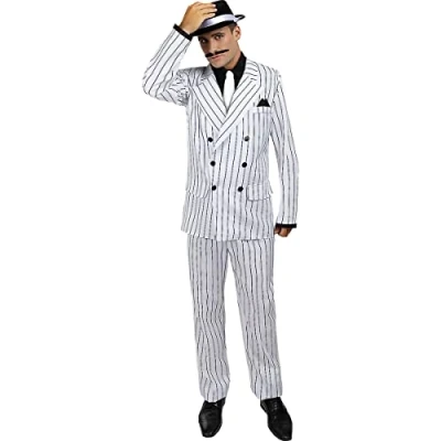 Image of Funidelia 1920s Gangster Costume in White for man 20s, Cabaret, Mafia, Decades Costumes adults, accessory fancy dress &amp; props Halloween, carnival parties Size L