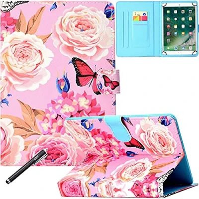 Image of Universal Case for 7.9 8.5 Inch Tablet, Newshine PU Leather Stand Folio iPad Mini 1/2/3/4, Galaxy Tab 3/4/Note 8.0, Amazon Kindle Fire HD/HDX 8.0 and other 8.0&quot; Models Peony Butterfly