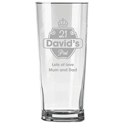 Image of Personalised Engraved Pint Glass 21st Birthday Gift, 21 Glass, Name and Crown Design