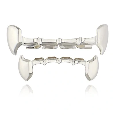 Image of Sadiyamo Shiny Hip Hop Teeth Grillz Caps Iced Out CZ Top and Bottom Vampire Fangs for Your Men Women