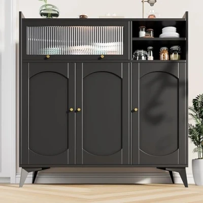 Image of Merax Sideboard Large Storage Cabinet with Glass Door and Golden Handle, 120x39.8x118.5cm, Modern Minimalist Design, for Dining Room or Living