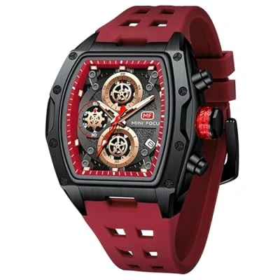 Image of MF MINI FOCUS Men&#039;s Watch Fashion Tonneau Wrist Watches (Chronograph/Waterproof/Luminous/Calendar) Silicon Strap Quartz for Men, Red &amp; Black, Modern