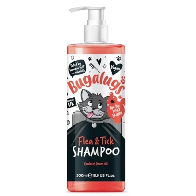 Image of Flea and Tick Cat Shampoo by Bugalugs 500ml, Deep Cleansing for Cats Fleas, Ticks &amp; Mites contains Neem Oil, PH Balanced Vegan, Pet (500ml Shampoo)