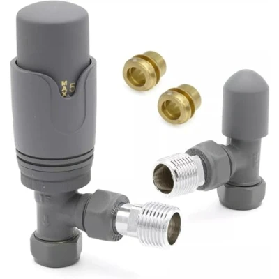 Image of Team Controls Anthracite Grey Angled Thermostatic Radiator Valves &amp; Lockshield 10mm Pack Set inc 2no. Inset reducers