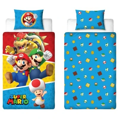 Image of Nintendo Super Mario Official Single Duvet Cover Set, Splitter Design Reversible 2 Sided Bedding Merchandise Including Matching Pillow Case Bed Set Polycotton