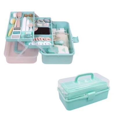 Image of Craftelier 3 Trays Storage Case for Your Scrapbooking and Crafts Projects Transparent Lid with Lock Handle Dimensions Approx. 32 x 13.5 18.5 cm Turquoise