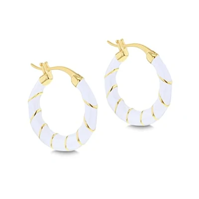 Image of Tuscany Silver Women&#039;s Sterling Yellow Gold Plated 20mm White Enamel Small Twister Hoop Creole Earrings
