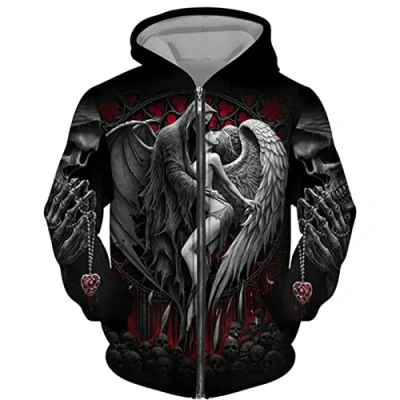 Image of Men Angel Skull 3D Printed Hoodies Hip Hop Casual Full Zip Hooded Sweatshirt Jacket Tops