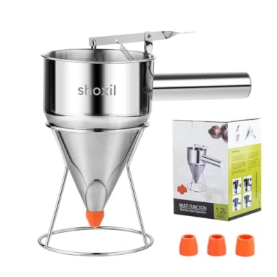 Image of Shoxil 40oz Stainless Steel Pancake Batter Dispenser, Multi caliber Funnel Cake Dispenser with Stand Great for Pancakes, Cupcakes or Any Baked Goods (40oz/1.2L)