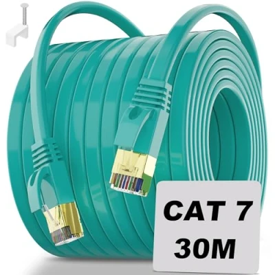 Image of Ethernet Cable 30m, Outdoor Cat 7 Internet Flat 30m Network Cable, High Speed 10Gbps RJ45 Gigabit LAN Long Wlan FTP Shielded Wifi for Router (30 Clips)