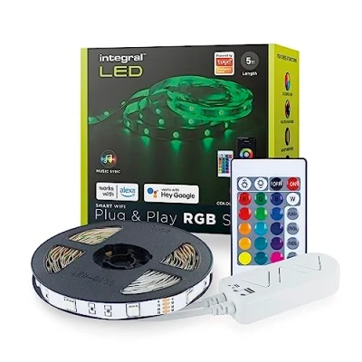 Image of Integral LED 5m RGB Strip Light, WiFi &amp; Smart App Control, Plug Play, Colour Changing, Dimmable, Music Sync Includes UK Adapter IR Controller Works with Alexa and Google Assistant