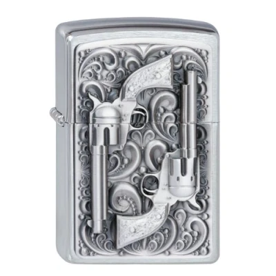 Image of Zippo Chrome Brushed Revolver,Emblem Gasoline Windproof Lighter, refillable, in Gift Box, Black, Normal