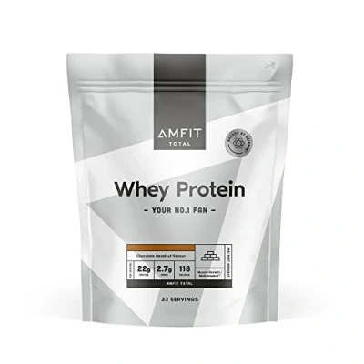 Image of Amazon Brand Amfit Nutrition Whey Protein Powder, Chocolate Hazelnut Flavour, 33 Servings, 1 kg (Pack of 1)