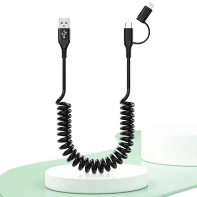 Image of USB to C and Lightning Cable 2 in 1 Support Apple Carplay &amp; Android Auto [MFi Certified] 3A Fast Charge Data Sync,Short Coiled for iPhone 16/15/14/13/12/Android Black