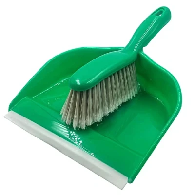Image of Colour Coded Dustpan and Brush Sets 22cm Wide Plastic with Rubber Lip, Soft Bristle Hand Pan for Domestic Commercial Use (Green)
