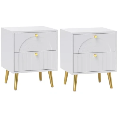 Image of HOMCOM Bedside Table Set of 2, Modern Cabinets with 2 Drawers and Steel Legs, Side Tables for Living Room, Bedroom, 40 x 35 50 cm, White