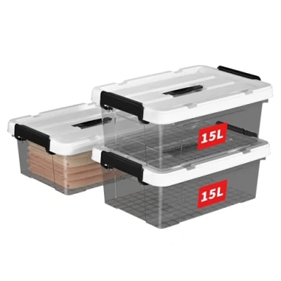 Image of Cetomo 15L*3 Storage Boxes, Carry Plastic Box with Lids, Organizing Container Handle and Secure Latching Buckles, Stackable, Nestable, Tote Bin for Home Clothes, 15L 3Pack, Clear Black