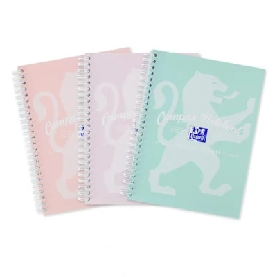 Image of Oxford Campus A5 Notebook, Wirebound, Lined, 140 pages, Assorted Pastel Colours, Pack of 3, Thick White Optik+ Paper