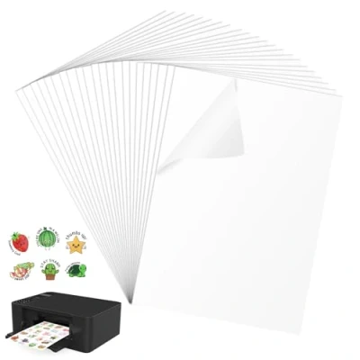 Image of 22 Sheets White Glossy Premium Waterproof Printable Vinyl Sticker Paper, Self Adhesive Labels for Inkjet Printers, A4 Size