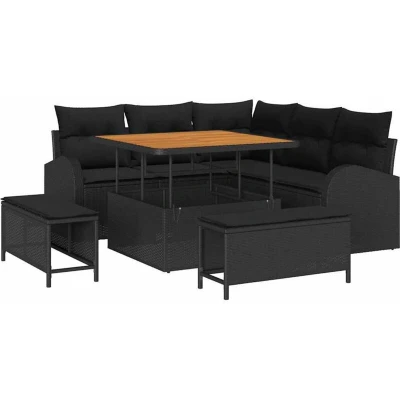Image of vidaXL 8 Piece Garden Sofa Set with Cushions Black Poly Rattan Acacia