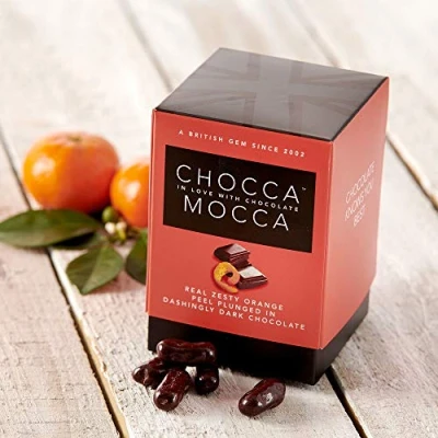 Image of Chocca Mocca Real Zesty Orange Peel Plunged in Dashingly Dark Chocolate Presentation Box Cube 100g, Deliciously indulgent Treat, Great Gift, Luxurious Quality Made Britain