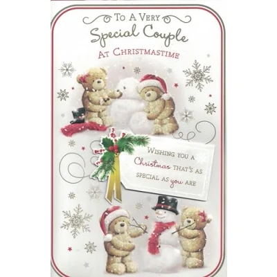 Image of EXTRA LARGE SPECIAL COUPLE CHRISTMAS CARD. 8 PAGE INSERT. CUTE TEDDIES DESIGN. 12 X INCHES.