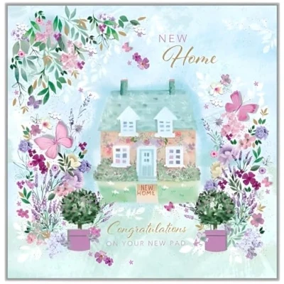 Image of Noel Tatt New Home Congratulations Card Cottage with Flowers and Butterflies Eco Friendly Recyclable