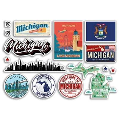 Image of A5 Sticker Sheet Michigan Landmarks Vinyl Stickers America States USA American Airport Stamps Skyline Flag Map Travel Holiday Scrapbooking City Luggage #79182