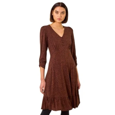 Image of Roman Originals Swing Tea Dress for Women UK Ladies Skater Midi A Line Fit &amp; Flare Summer Casual Smart Spring Cocktail Party Holiday Going Out Work Cruise Button Through Long Chocolate Size 16