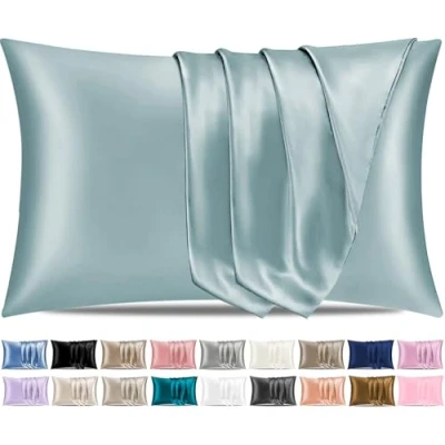 Image of Pamposh Satin Silk Pillowcases For Hair And Skin 2 Pack Standard Size with Envelope Closure (Bluish Grey, Pcs (50 x 75 cm))