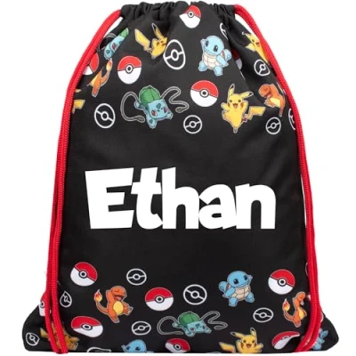 Image of Pokémon Personalised Drawstring Bag for Kids PE Bag, School Swimming Custom Gift Boys and Girls Red Durable